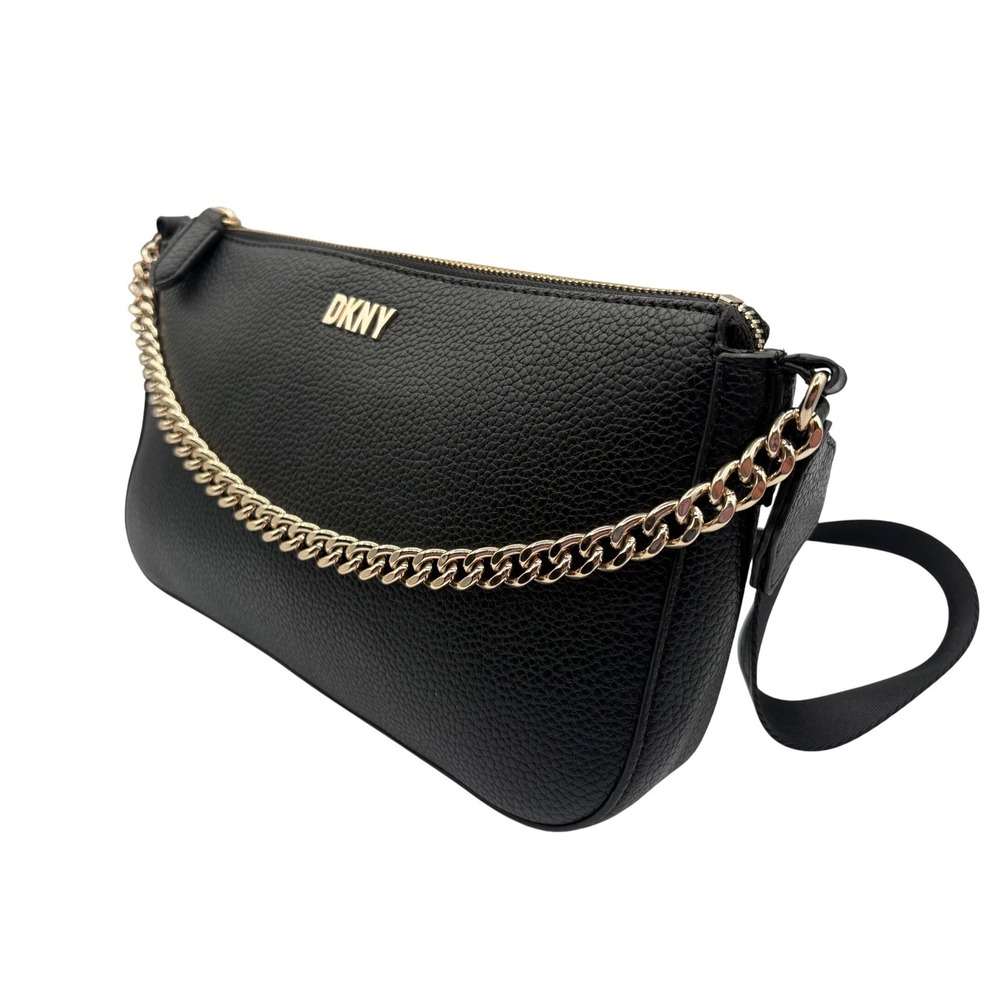 DKNY Crossbody Bag Womens Small Black Excellent Pebbled Gold Chain Logo Strap - Picture 4 of 6